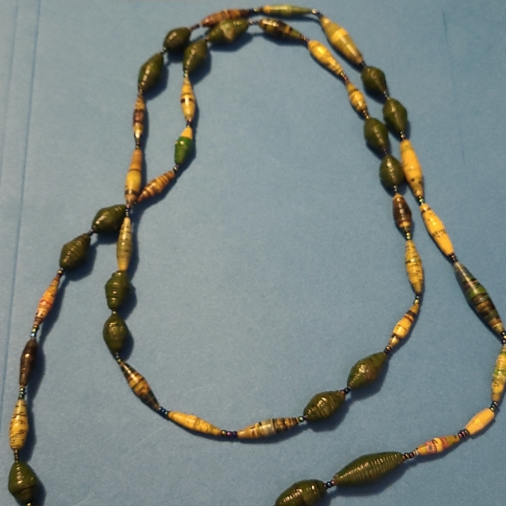 Necklace with beads made from rolled paper